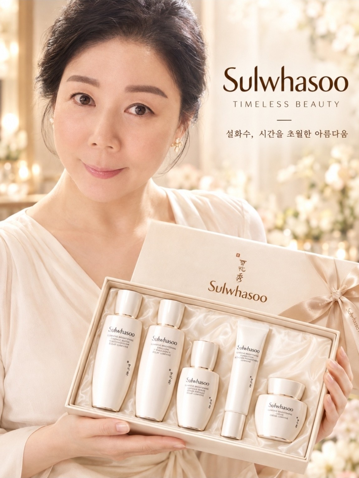 설화수 기초화장품 세트를 소개하는 여성 모델 화보